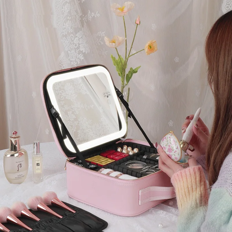 

LED Light Makeup Mirror USB Rechargeable Dimmable Women's Handbag Makeup Bag Organizer Travel Beauty Tools Girl's Makeup Bag