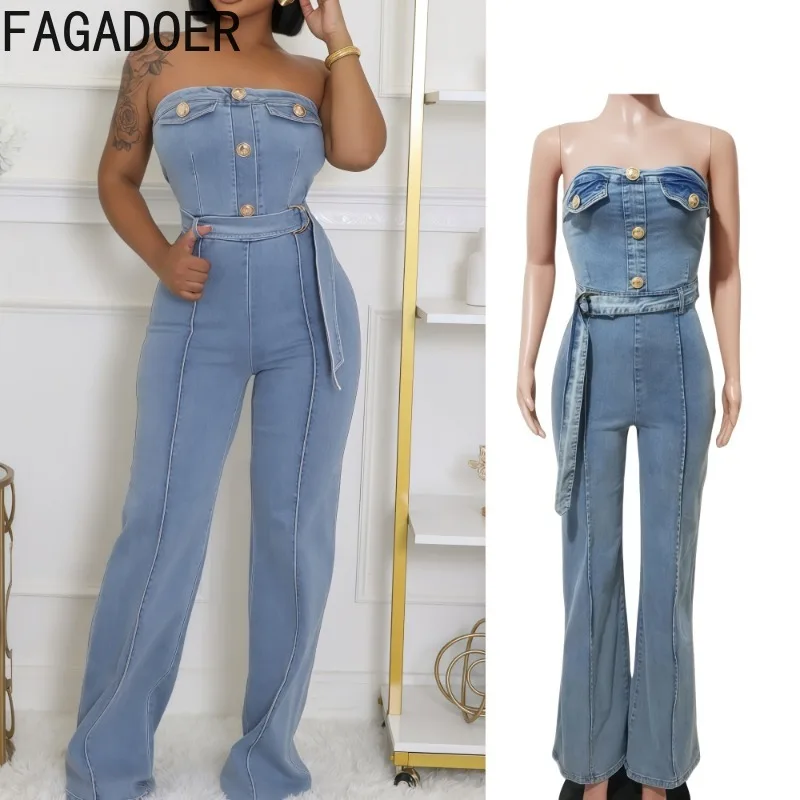 

FAGADOER Summer New Sexy Denim Bodycon Jumpsuit Women Sleeveless Backless Straight Jeans Romper Female Streetwear Overalls 2025