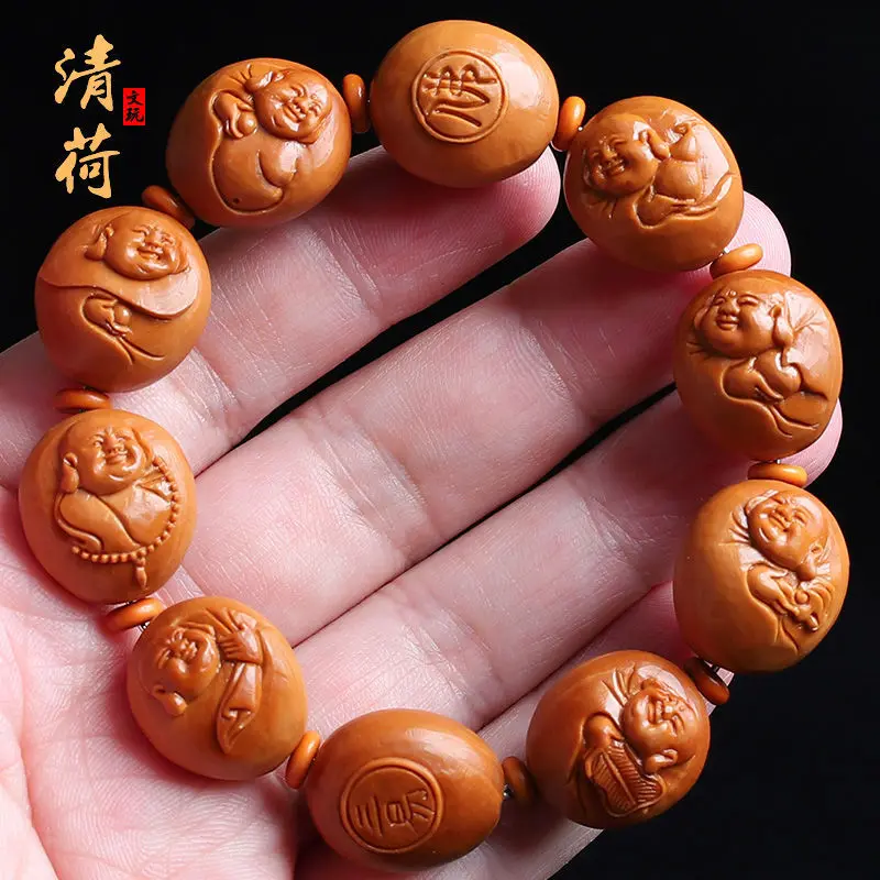 

Olive Nut Carved Suzhou Boutique Jiazhen Relief Eight Small Maitreya Buddha Nearly Circle Bracelet Men and Wome