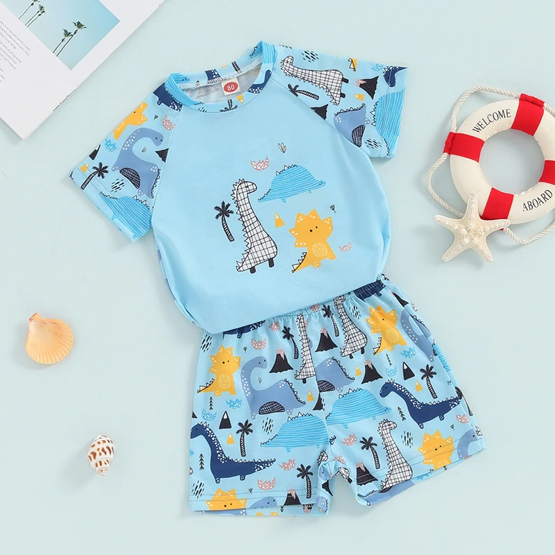 

Suefunskry Baby Boys Swimsuit Beach Set Summer Dinosaur Printed Short Sleeve Rash Guard and Swim Trunks Swimwear Beachwear