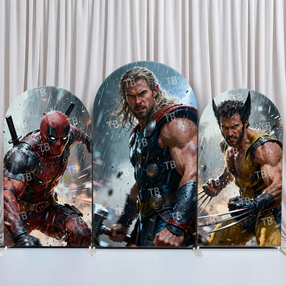 

Marvel Superhero Arch Backdrop Cover Deadpool Thor Wolverine Dynamic Battle Scene Theme Party Kids Birthday Photo Booth Decor