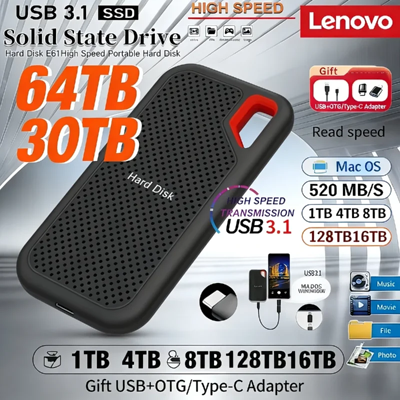 

2026 New Lenovo Portable SSD 128TB External Hard Drive USB3.1 Type-C high Disk 30TB Mass Solid State Drive for Laptop/MAC/Phone
