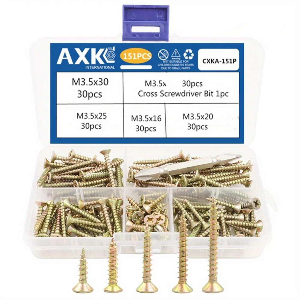 151Pcs Flat Head Wood Screws Set, M3.5 M4 Zinc Plated Self Tapping Phillips Screws Kit for Drywall Sheetrock and Wood Projects