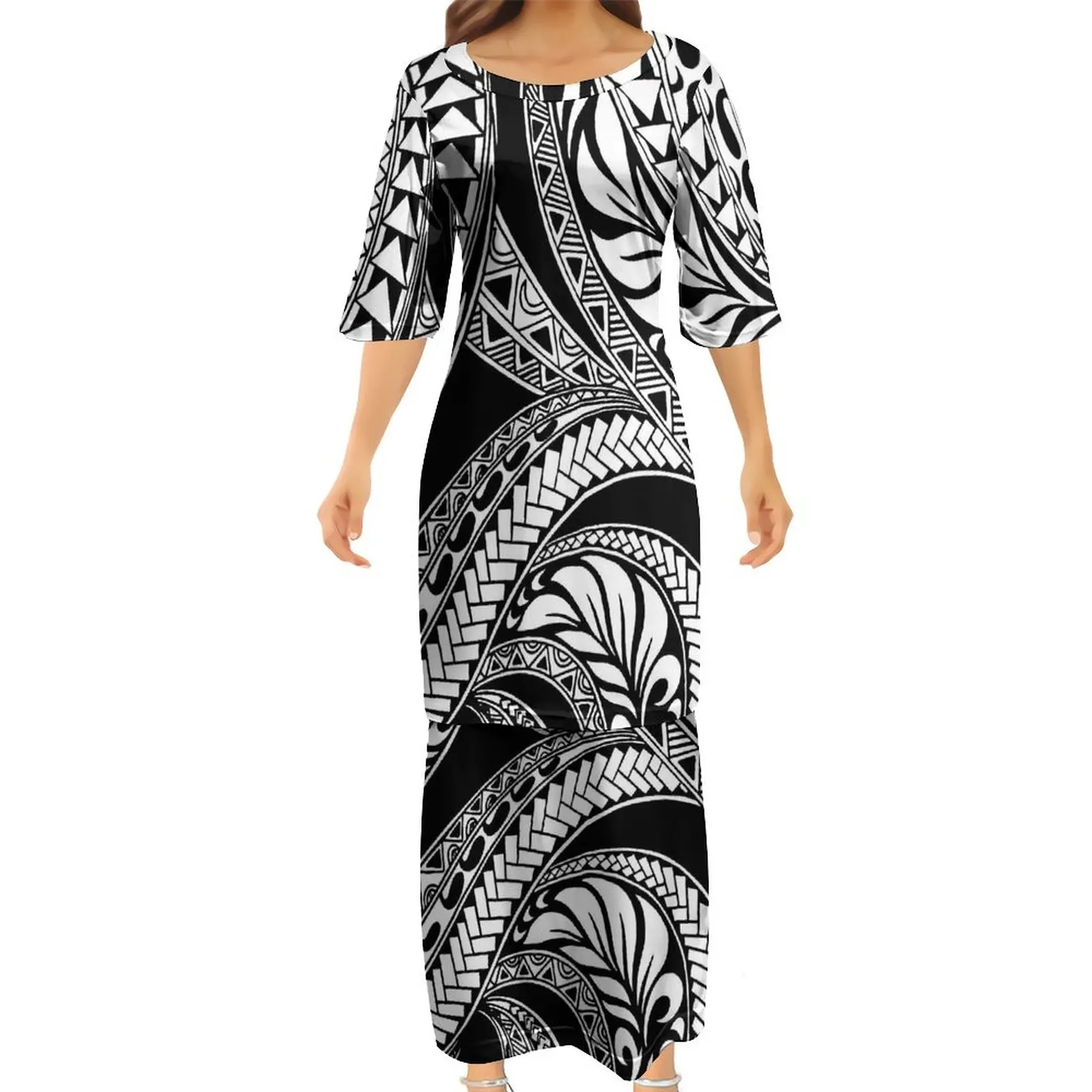 

Samoia Custom Women'S Dress Summer Crewneck Puletasi Polynesian Print Long Dress Double Set Skirt 2024 New Quality Fabric