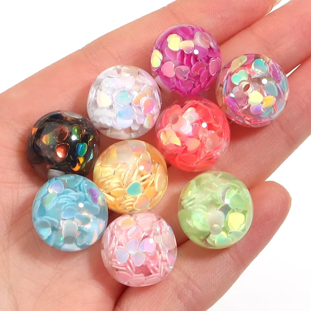 5pcs/lot 16mm Resin Beads Colorful Heart Sequins Round Loose Spacer Beads For Jewelry Making DIY Bracelet Necklace Keychain
