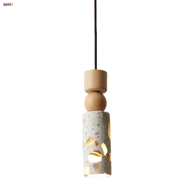 

IWHD Home Decor LED Pendant Lamp White Terrazzo Study Living Dining Room Stone Modrn Wabi Sabi Wood Hanging Light Fixture Lampen