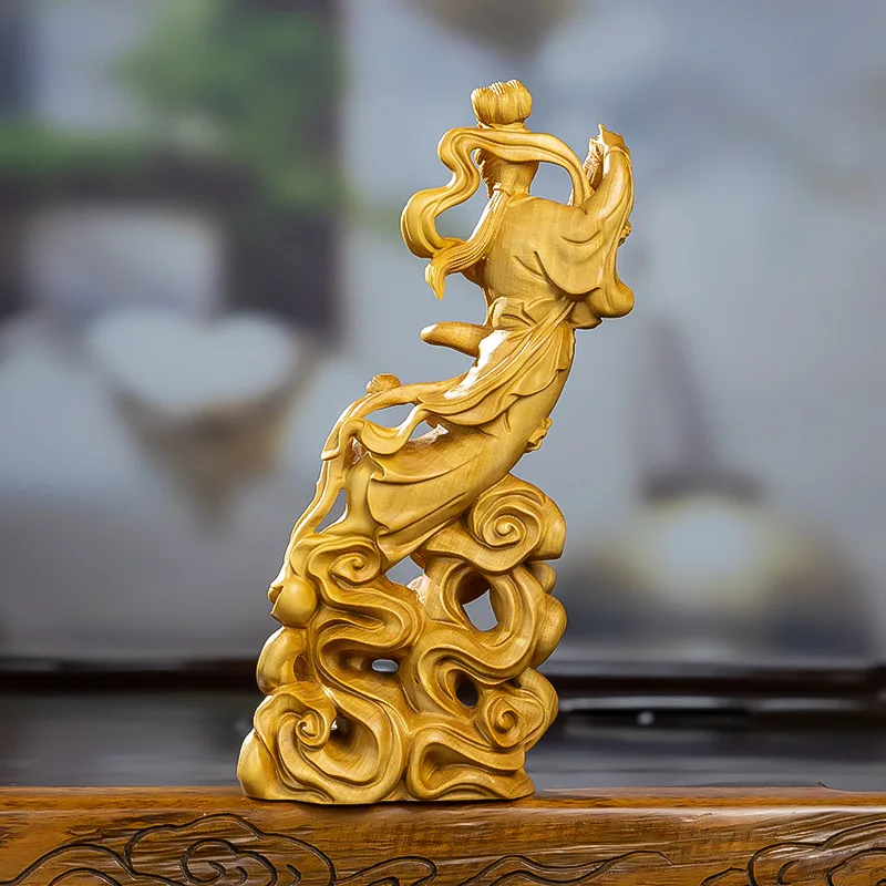 Natural Boxwood  Beauty Scattered Flowers Figure Statue Solid Wood Carving Chinese Traditional Art Home Room Office Decorations