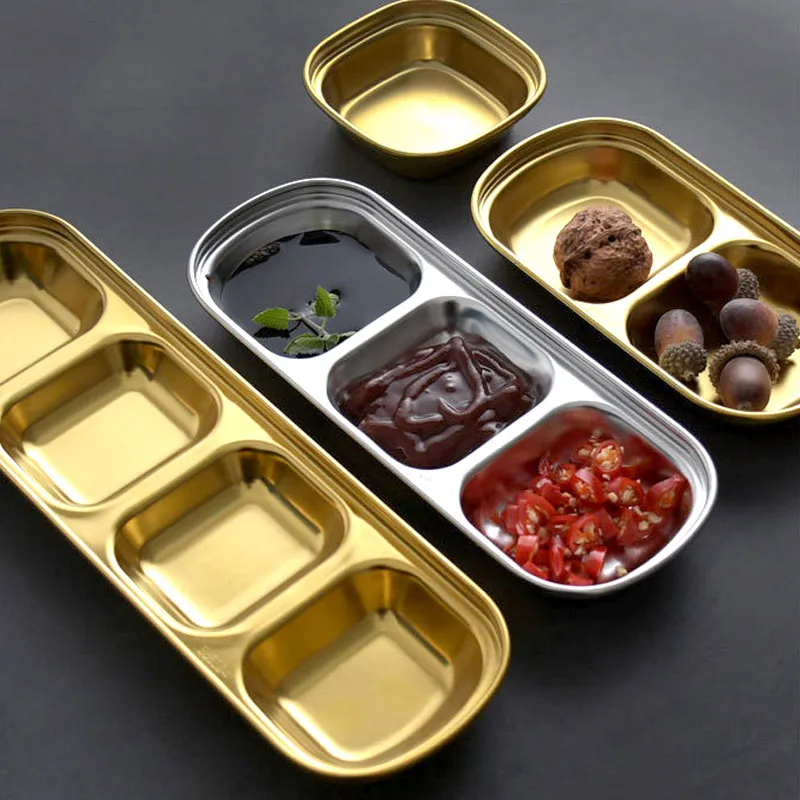 Stainless Steel Sauce Dish Spice Plates Gravy Boats Appetizer Serving Tray Rectangle Divided Oil Spice Dipping Tray Small Dish