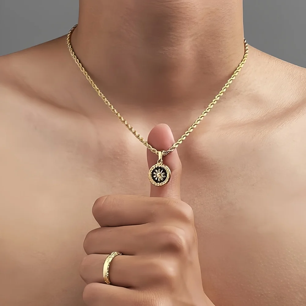 Vintage Runde Münze Schwarze Tropfen-Glasur Blumen-Anhänger Halskette Hip-Hop Goldfarben Edelstahl Gedrehte Kette Herrenschmuck – Detail 1