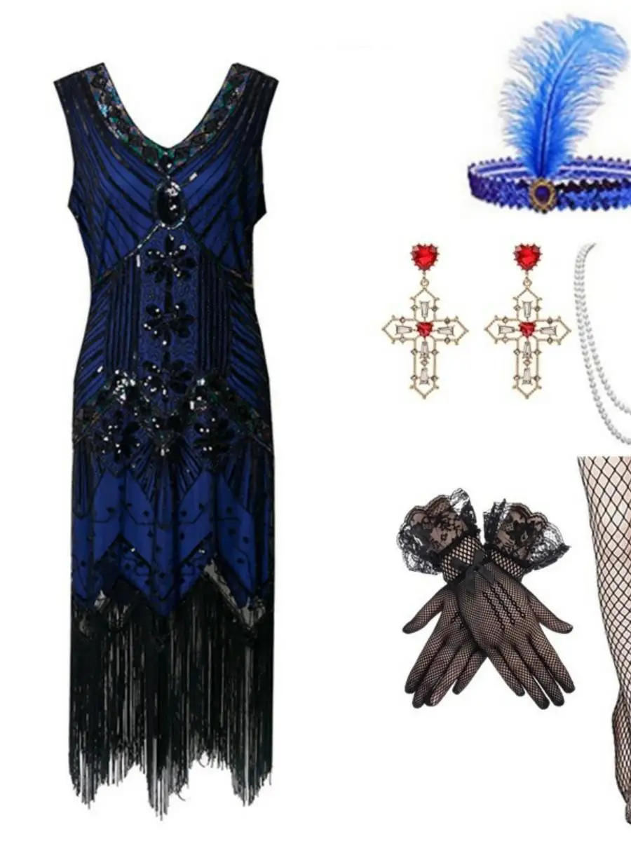 Suknia wieczorowa w stylu retro lat 90., inspirowana Gatsby'owymi latami, z frędzlami, duży rozmiar, dekolt w serek, zestaw, tradycyjny kostium damski, strój na występy sceniczne.