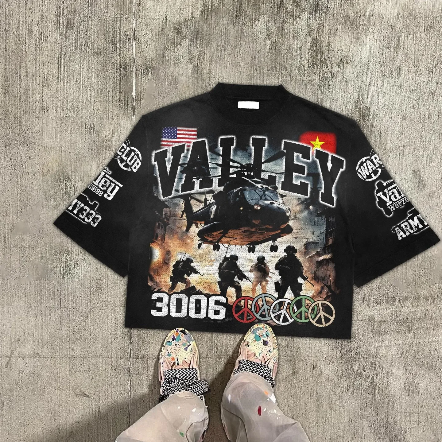 Vintage Warzone Graphic Cotton T-Shirt Cropped Tee Men Fashion Street Hip-hop Rock Short-sleeved Women Cotton Round-neck Top