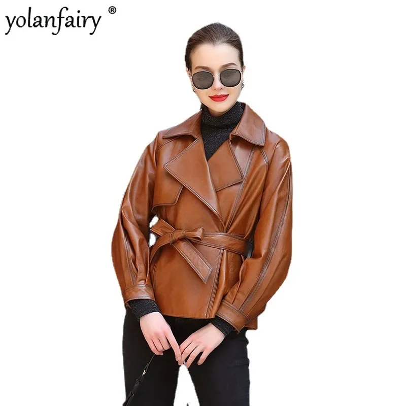 YOLANFAIRY Primavera Autunno Genuino Giacca di Pelle da Donna Cappotto di Pelle di Pecora Naturale Sottile Moda Cappotti di Pelliccia Cintura Corta Abbigliamento Femminile
