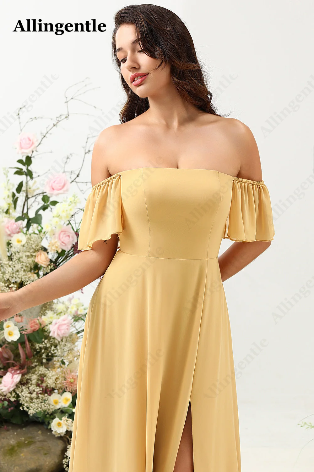 Allingentle Chiffon Off Shoulder Yellow Long Bridesmaid Dress A-Line Floor Length Side Slit Elegant Evening Formal Gowns Custom