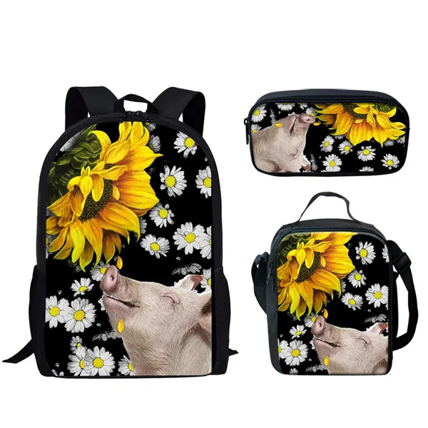 Hewan Sunflowers 3 buah/Set ransel cetak 3D sekolah siswa laki-laki perempuan tas penyimpanan buku Laptop Daypack tas makan siang tas pensil