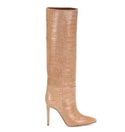 Fashion Women Pink Orange Blue Crocodile Leather Knee High Boots Pointed Toe Tube Slip On Stiletto Thin Heels Runway Long Botas