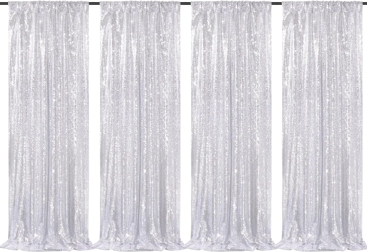 Silver Sequin Backdrop 4 Panels 2FTx8FT Christmas Party Backdrop Curtains Glitter Photo Background for Wedding Baby Shower Stage