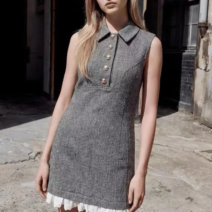 Women Wool blend temperament mini dress turndown collar sleeveless fashion dress