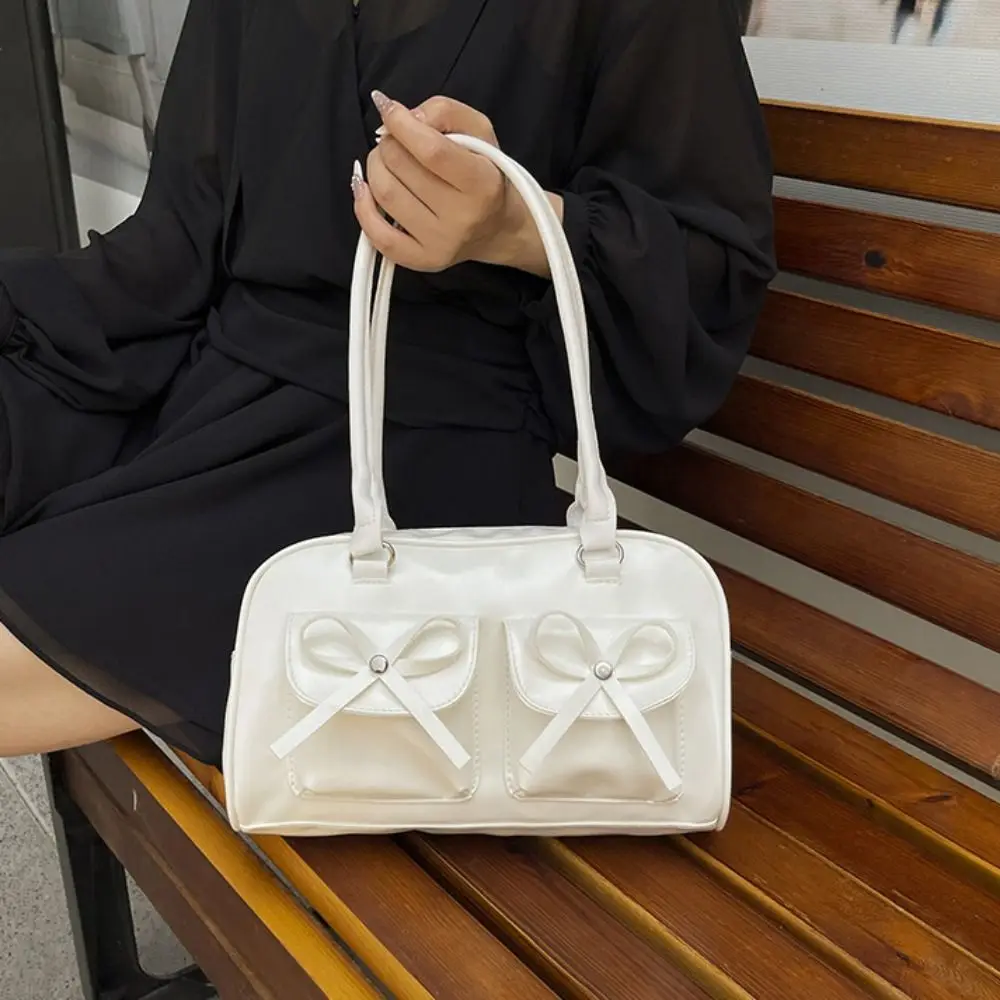 

French Style Bow Ribbons Bowling Bag Large Capacity PU Leather Boston Shoulder Bag Elegant Casual Women Handbags Underarm Bag