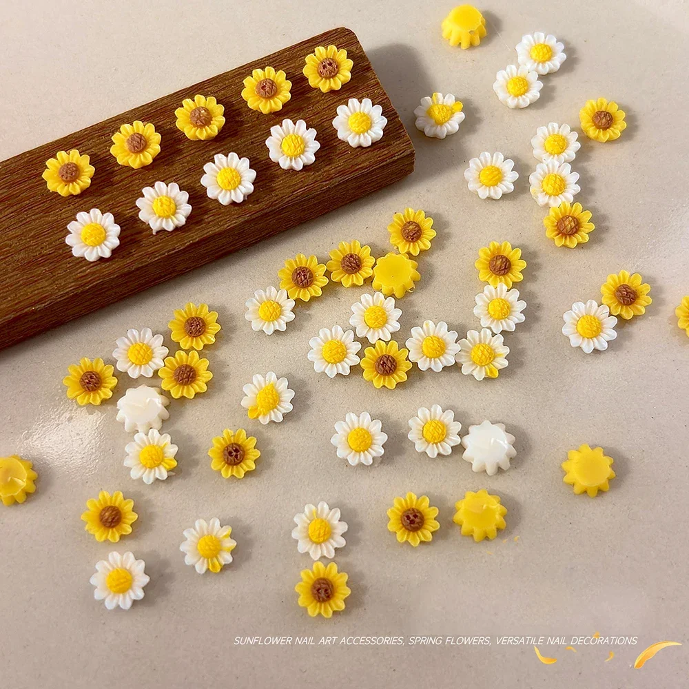 100 Stück Gemischte Farben Gänseblümchen Nagelkunst-Charms Flache Rückseite Gelbe Blumen Nagelsteine Gänseblümchen Sonnenblumen Maniküre-Edelsteine Florale Charms – Detail 2