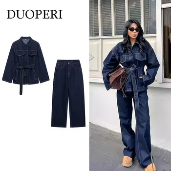 DUOPERI Women Fashion 2 Pieces Sets With Belt Denim  Jackets...