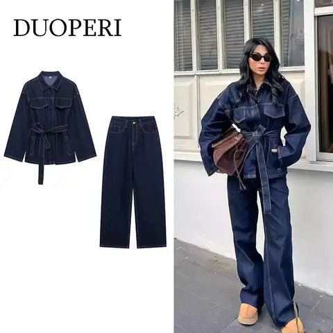 DUOPERI Women Fashion 2 Pieces Sets With Belt Denim  Jackets & Vintage Front Zipper Jeans Trousers Feamle Chic Lady Pants Sets