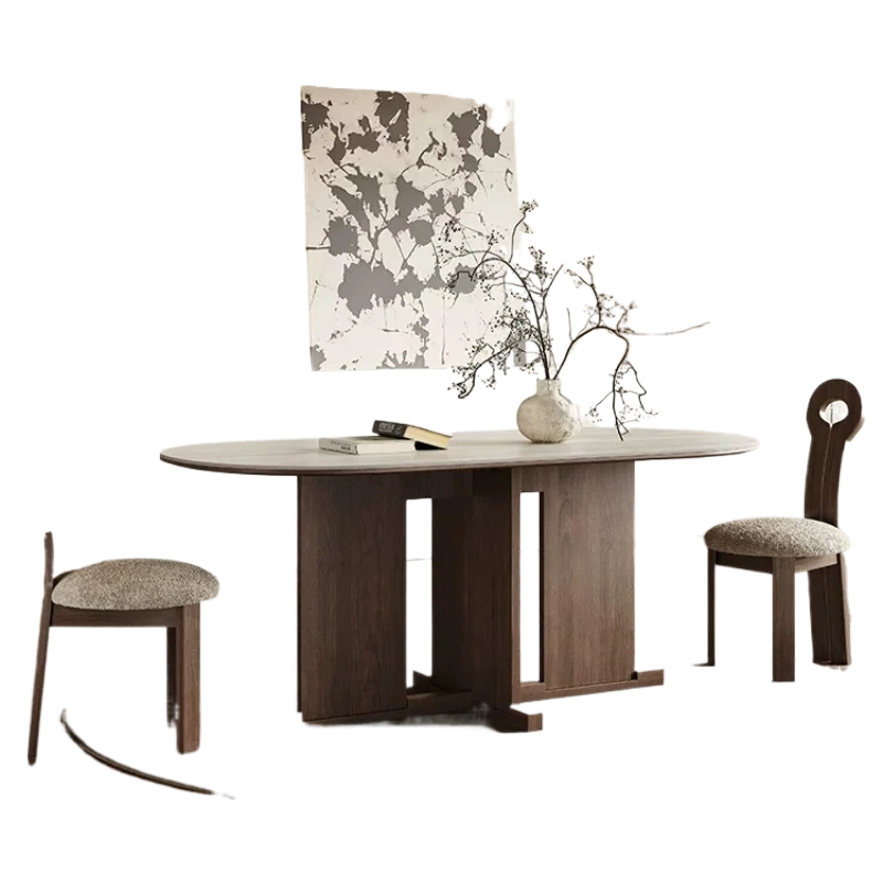 CX medieval wabi style light luxury high-end small apartment, matte solid wood rock slab dining table