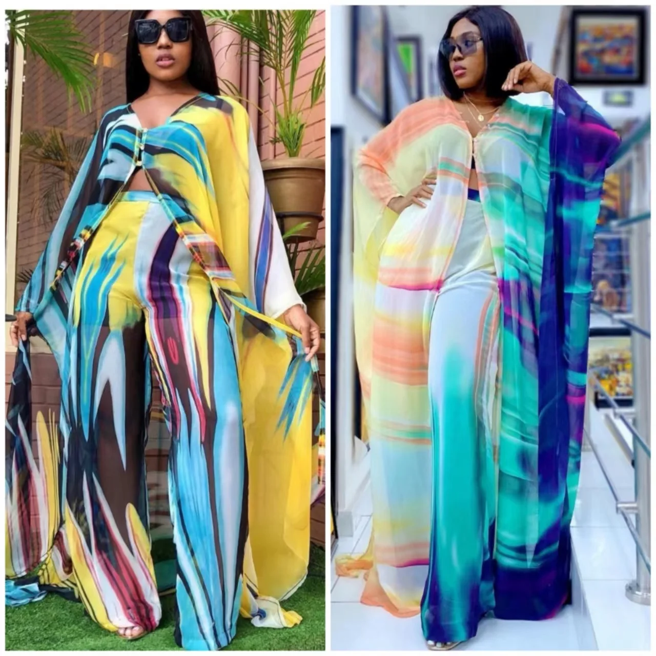 African Clothes for Women Summer Fashion African Women V-neck Polyester Printing Two Pieces Sets Top and Long Pant African Suit