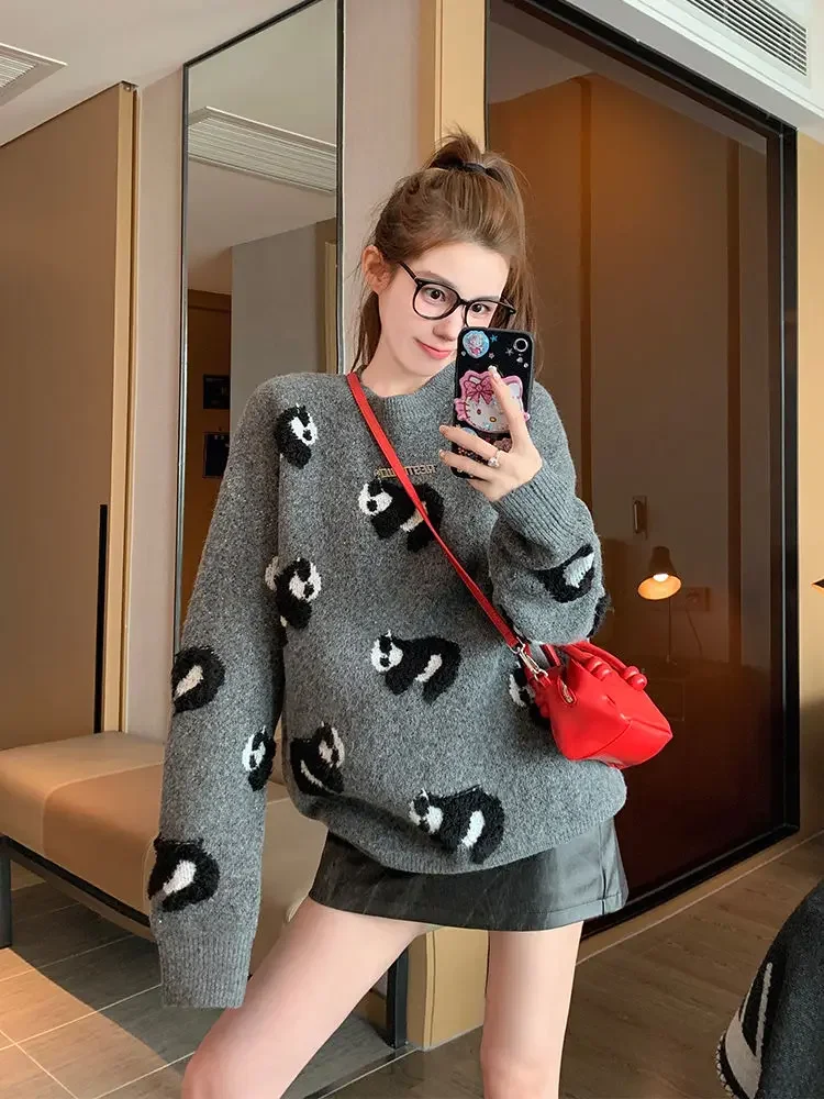 Gagarich Korean Fashion Women Grey Panda Sweater Casual Autumn Winter Lazy Style Versatile Knitted Ins Pullover Top