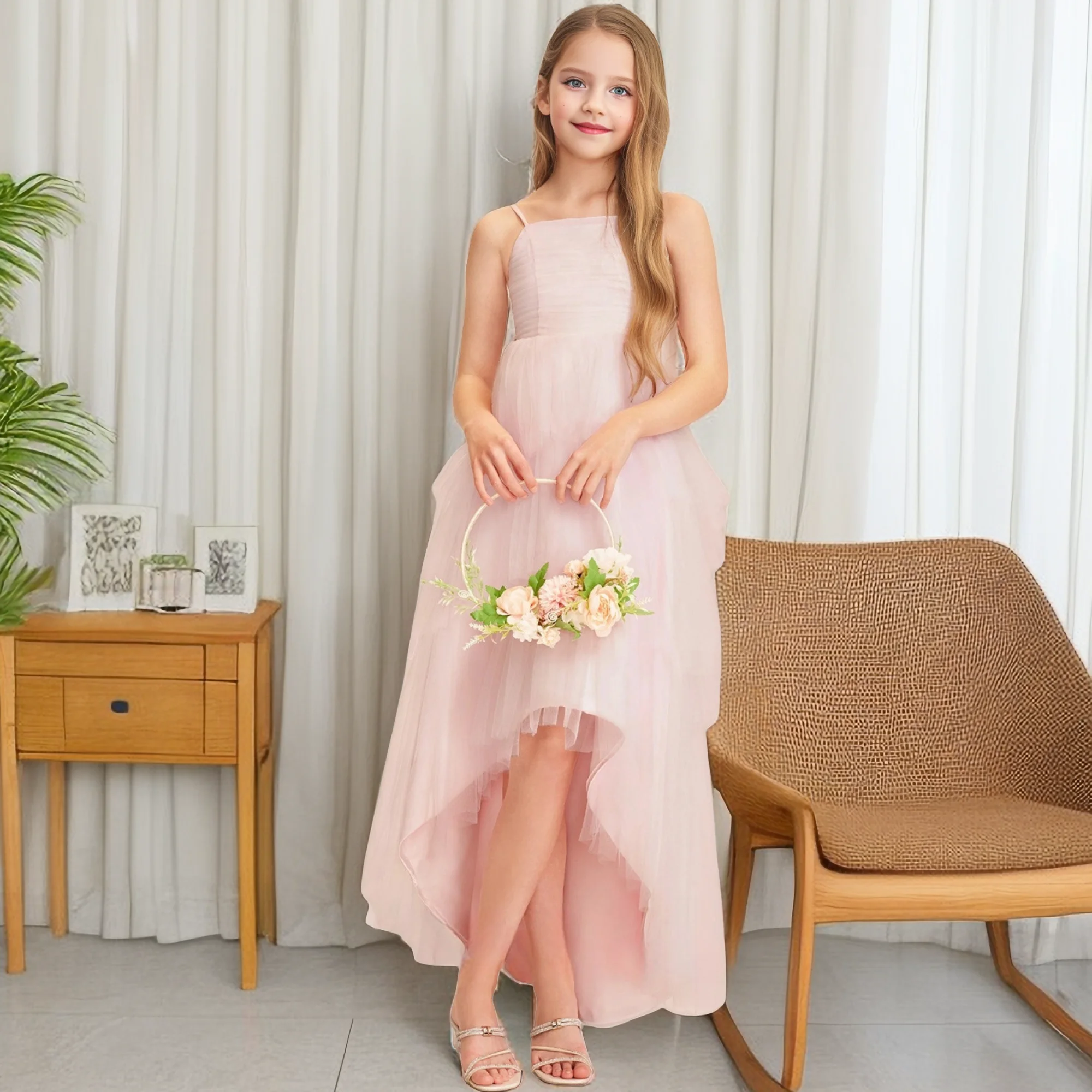 Asymmetrical Tull Flower Girl Dress For Kids Wedding Pageant Prom Night Bithday Evening Party Banquet Junior Bridesmaid Dress