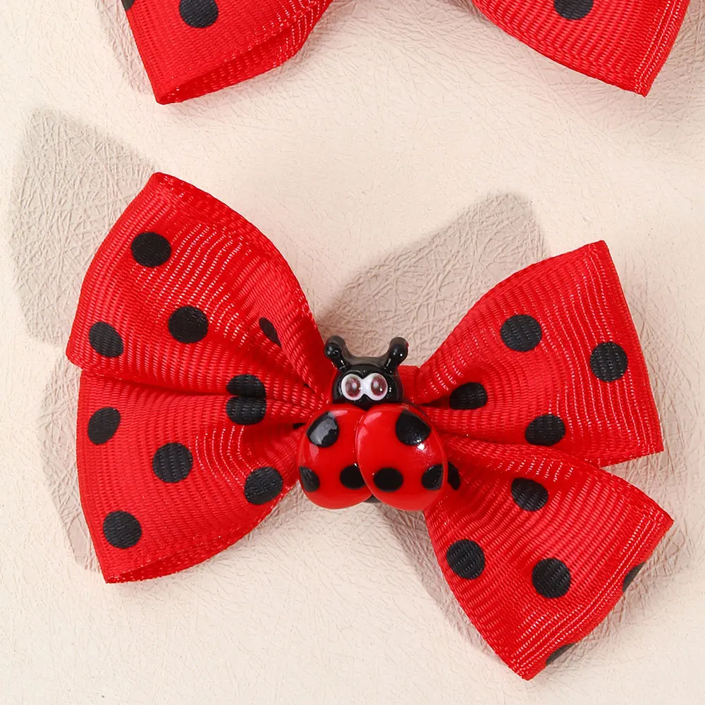 2PCS Cartoon Ladybug Ribbon Bows Hair Clip Kids Hair Pin Headwear Cute Black Dot Print Barrettes Girls Hair Accessories