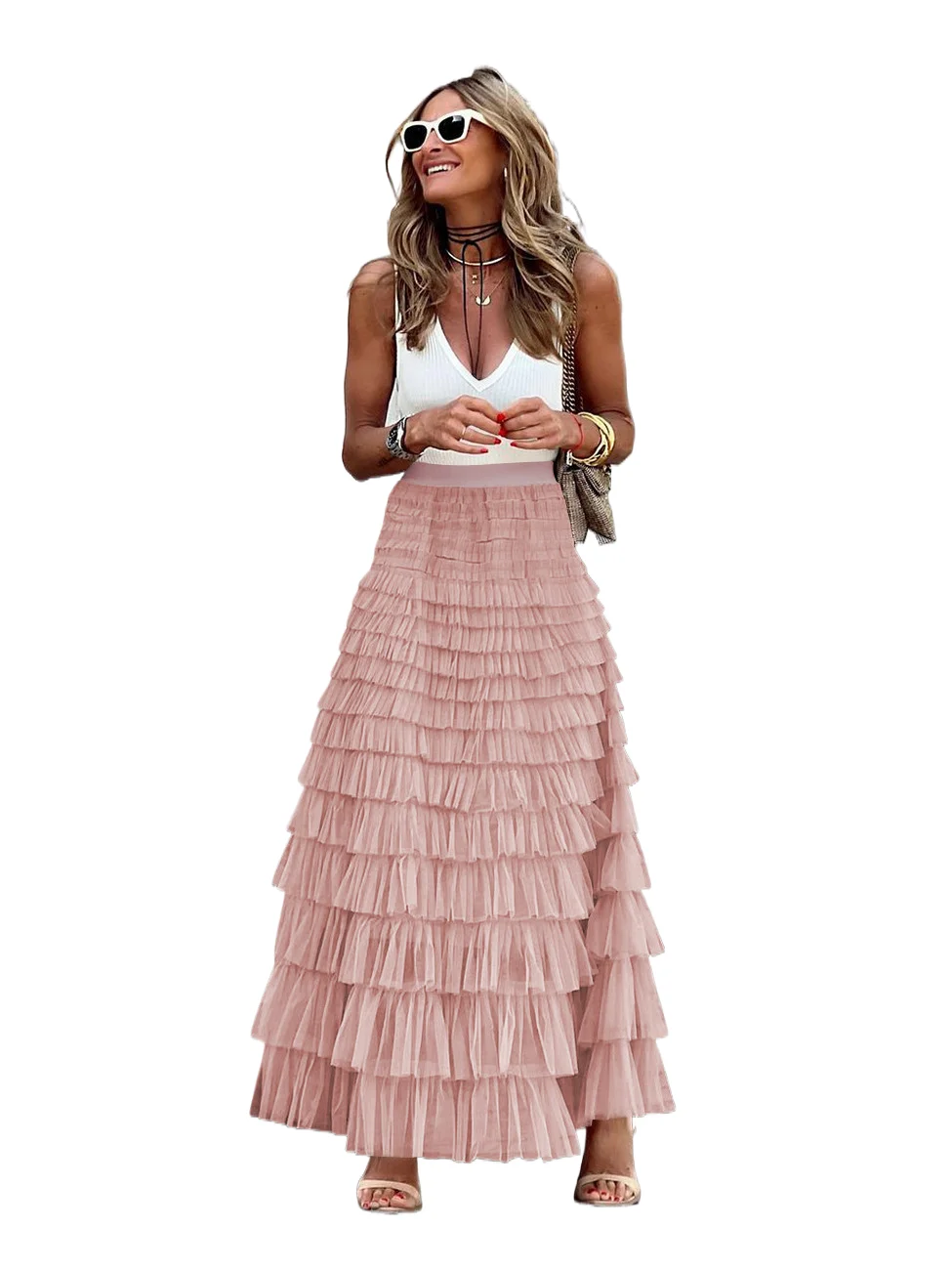 

Solid Multilayer Ruffle Mesh Skirt Women Boho High Waist Long Maxi Tulle Skirt Spring Summer Party Women's Clothing