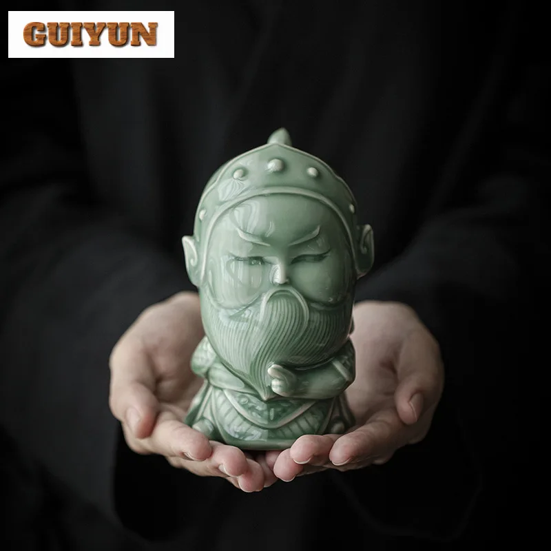 Celadon Handmade Guan Gong Tea Pet Household Relief Tea Pet Luxury Tea Figurine Tea Statue Puer Tea Services Supplies Decoration