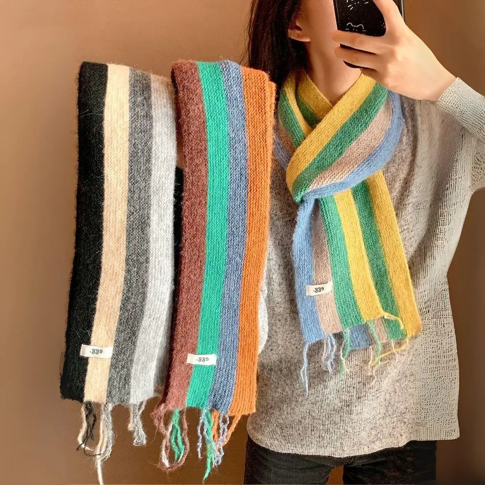 Bufanda larga fina y estrecha de estilo coreano, bufanda de felpa a rayas de lana gruesa y cálida para invierno, bufandas decorativas para niña Y2K, chal y envolturas