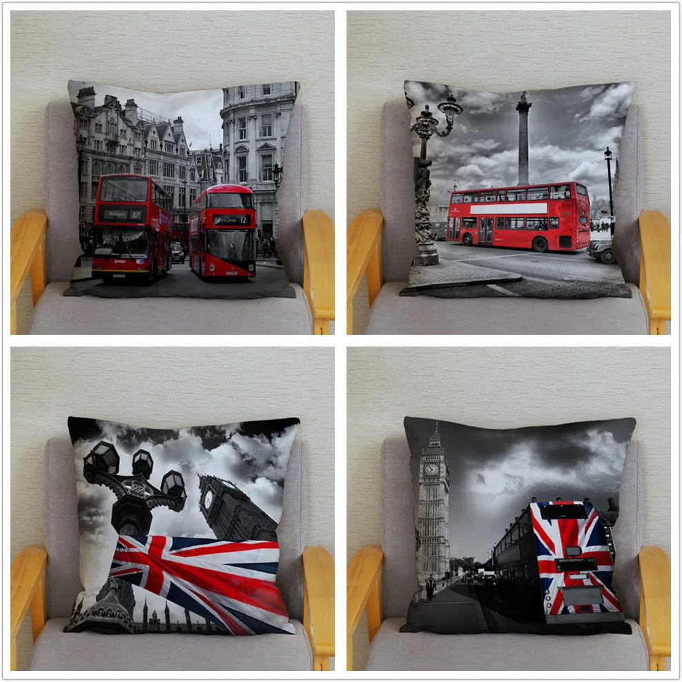 Home Decor Pillowcase London Red Bus Print Polyester  Bedroom Living Room  Cushion Cover funda de almohada