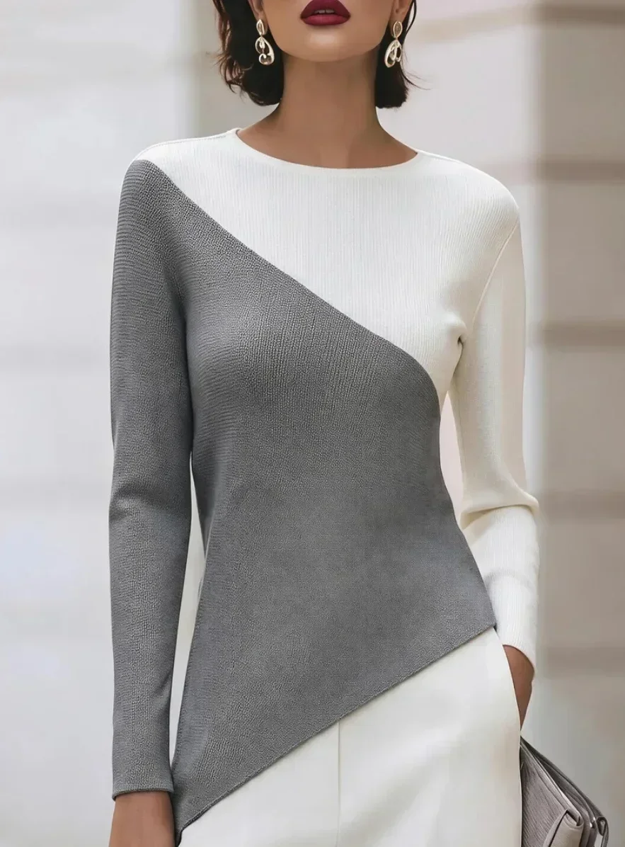 Women Color Block Long Sleeve Top O Neck Asymmetric Hem Slim Fit Patchwork Elegant Office Blouse