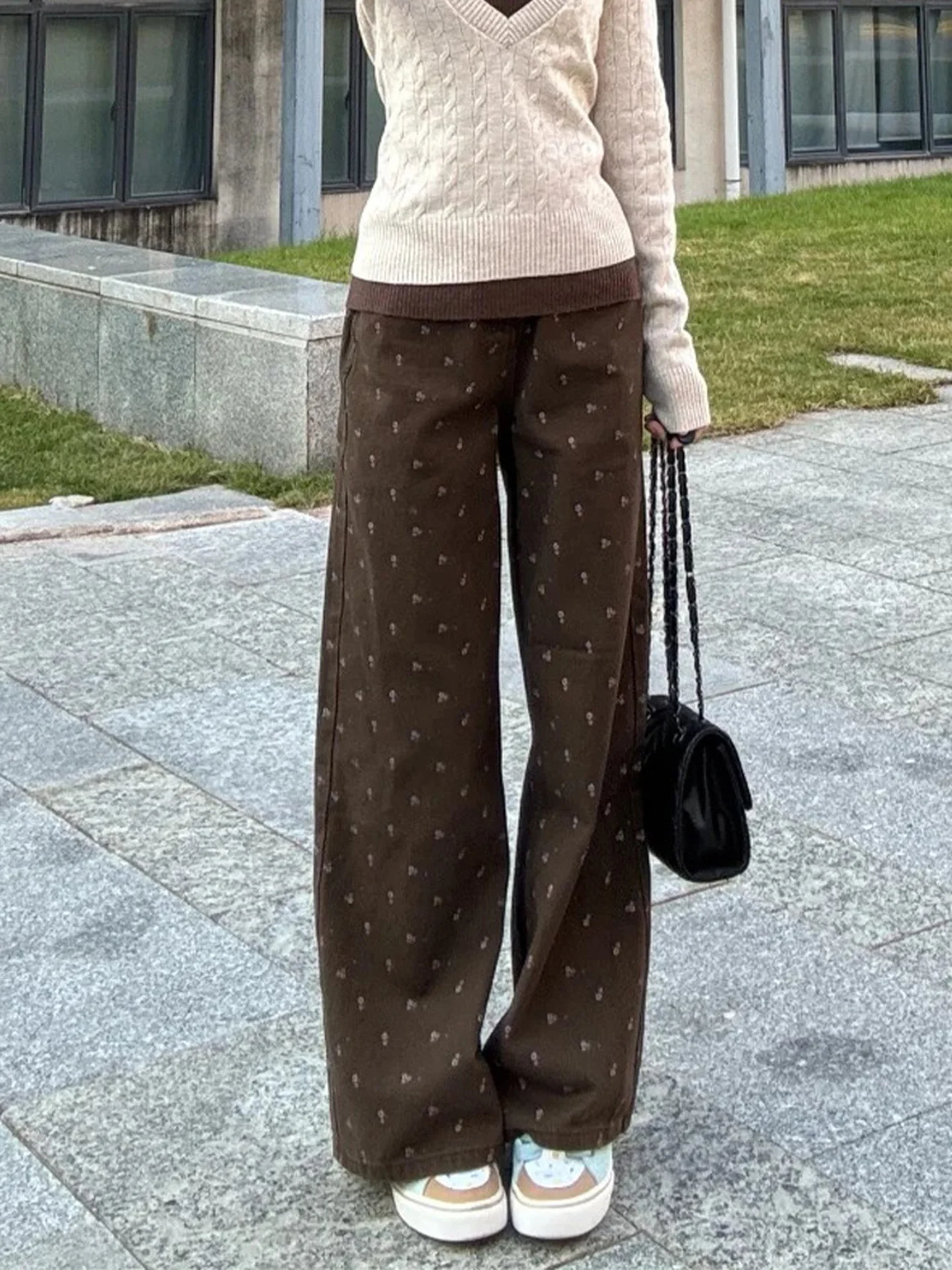 미국 스타일 하이웨이스트 와이드 레그 데님 진 여성용 가을 겨울 신상 슬림 플로럴 디자인 브라운 팬츠