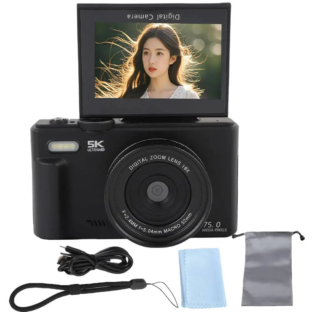 75 MP digitale camera voor fotografie 5K 18X digitale zoom Vintage Vlog videorecorder voor YouTube 180 °   Flip Screen Selfile WiFi