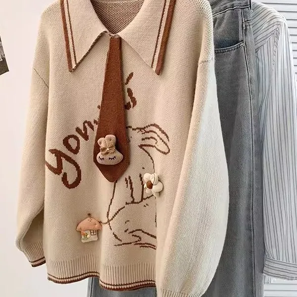 

American Sle Thiened Ne Cartoon Sweater Men's Clothing Lazy Sle Knitted Top Trendy Brand Polyester Fiber