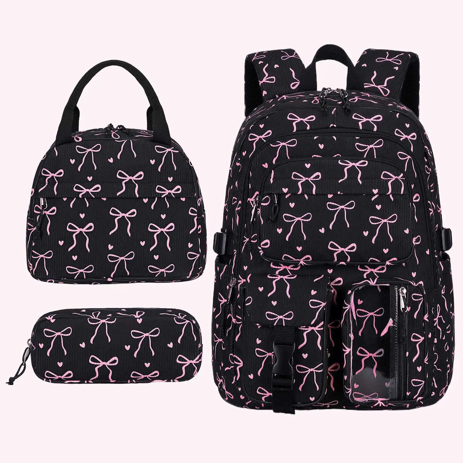 Women Bow Corduroy Bookbag with Lunch Bag and Laptop Backpacks 3 in 1 Bookpack for Elementary Middle Students