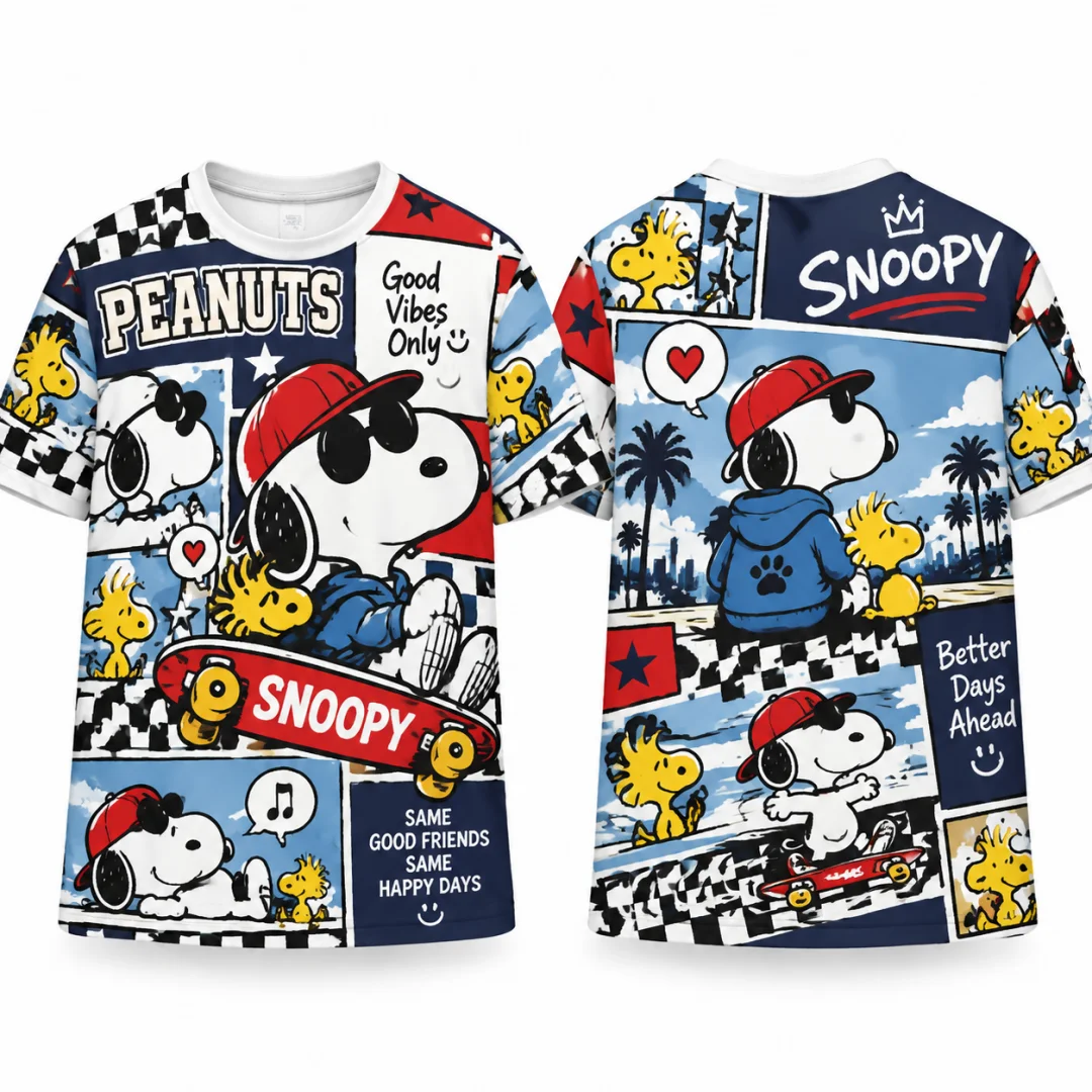 Skateboard Snoopy Woodstock T-shirt Unisex Peanuts Comic Collage Short Sleeve Tee Retro Streetwear Casual Graphic Kids Tops