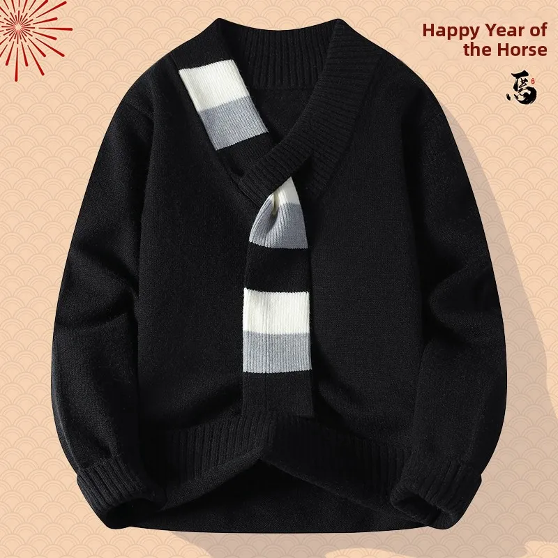

Мужской утепленный вязаный свитер с воротником-шарфом, теплый повседневный зимний модный свитер премиум-класса из полиэфирного и нейлонового волокна с V-образным вырезом