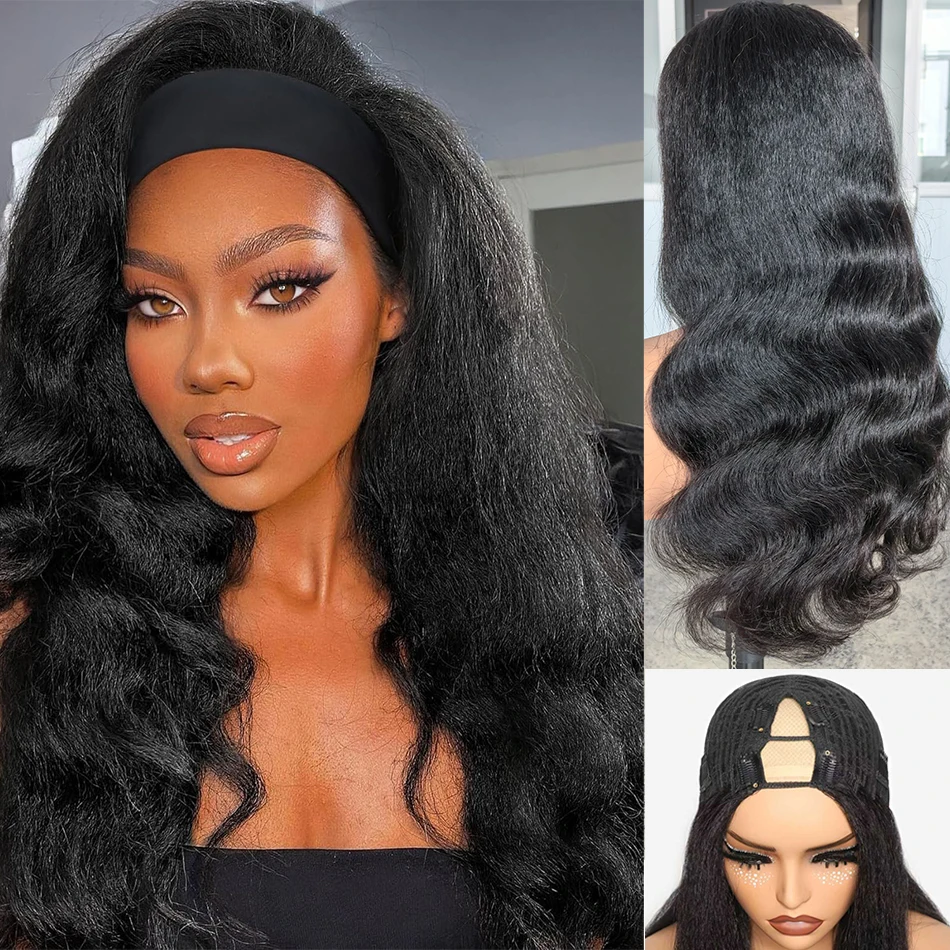 100% Human Hair Afro Kinky Wave V Part Half Wig Adjustable Drawstring 250% Density Yaki Body Wave Glueless Wear Go U Part Wigs