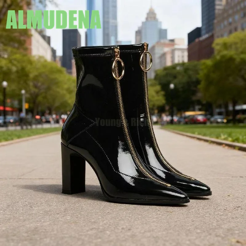 

Front Zipper Boots Fashionable Temperament Patent Leather Short Boots Pointed Toes and A Slim Mid Heel Versatile Fashion Boots