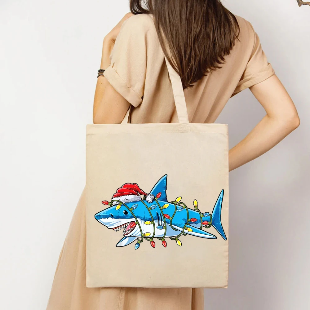 Cute Christmas Shark Lights Tote Bag for Women Funny Christmas Gift Women's Handbag's Christmas Gift for Her Tote Bag for Womens