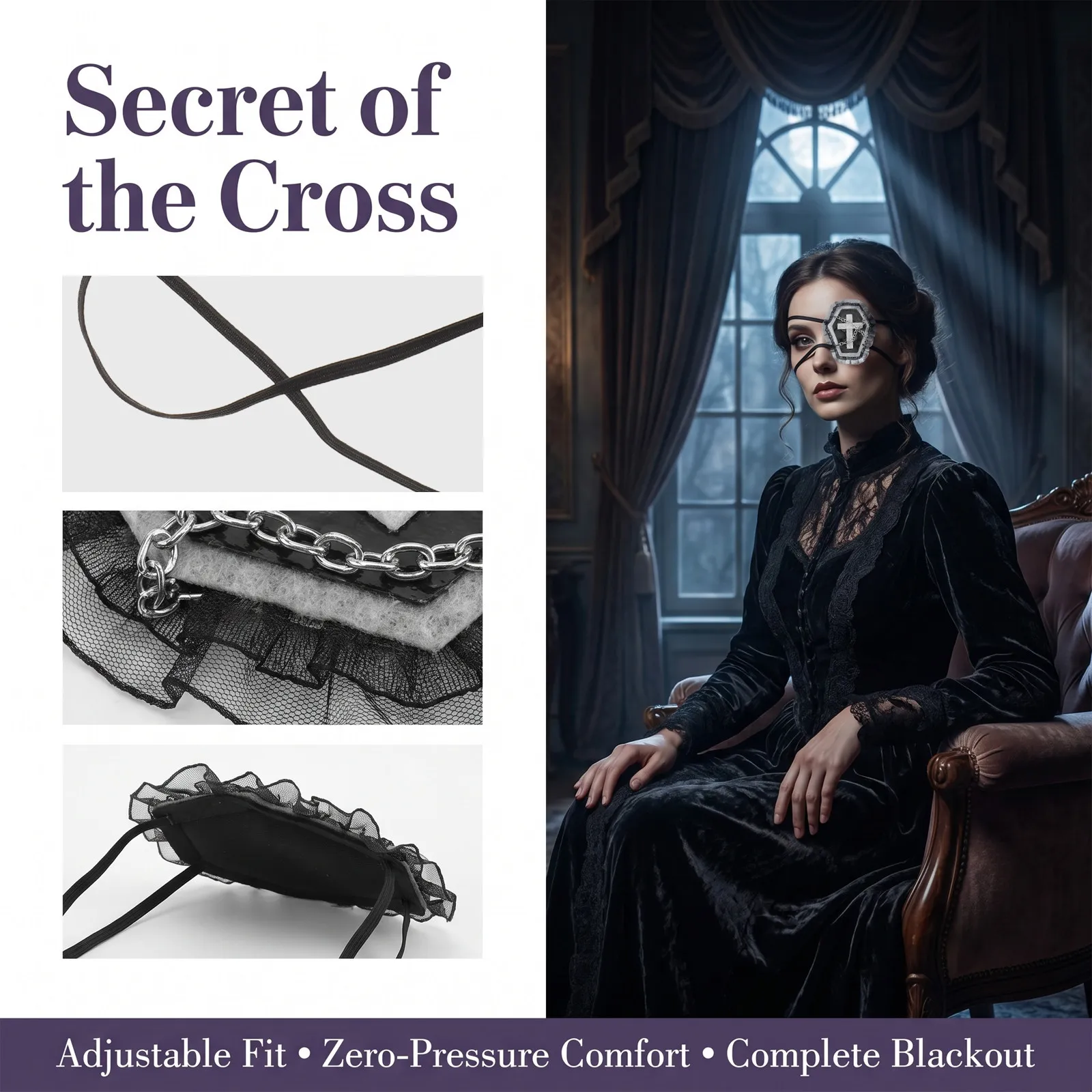 Gothic Cross Coffin Eye Patch Single Eye Mask Lace Chain Elastic Strap Halloween Horror Party Cosplay Victorian Goth Stage Photo