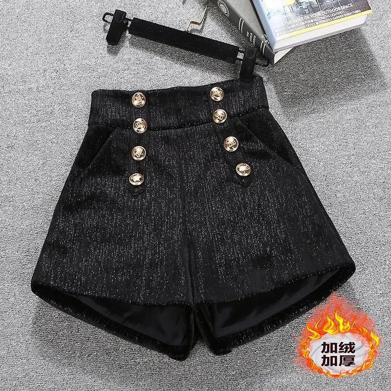 

Simplicity Autumn New Woolen Women Plaid Zipper Pockets Korean Elegant Casual High Waist Loose A-line Wide Leg Shorts LX574