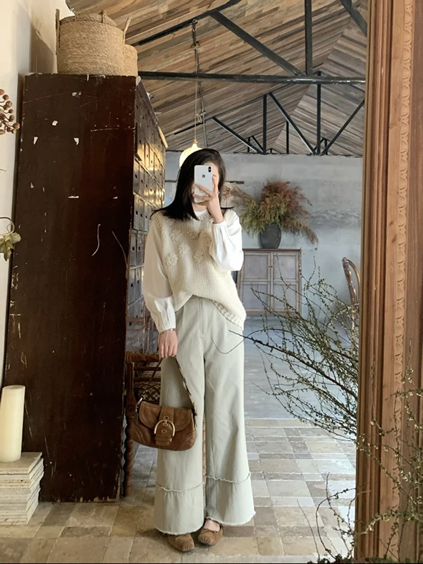 

Spring Style Retro Korean Light Khaki Washed Casual Pants High Waist Wide Leg Jeans Cotton Breathable High Elasticity Ladies ...