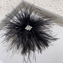 2024 Fashion Vintage Party Dress Big Brooch Hair Decoration Rhinestone Natural Feather Ostrich Hair Christmas Brooch Accessorie