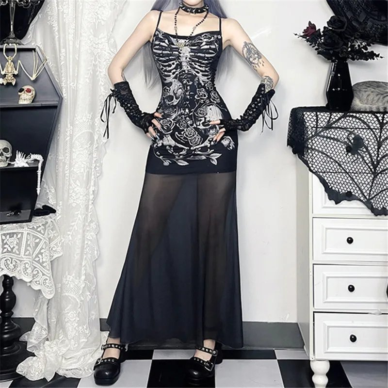 Goth Dark Cyber Y2K Spaghetti Strap Maxi Dress Sexy Mesh Patchwork Trim Dresses Skull Print Halloween Outfits Mall Gothic Cloth