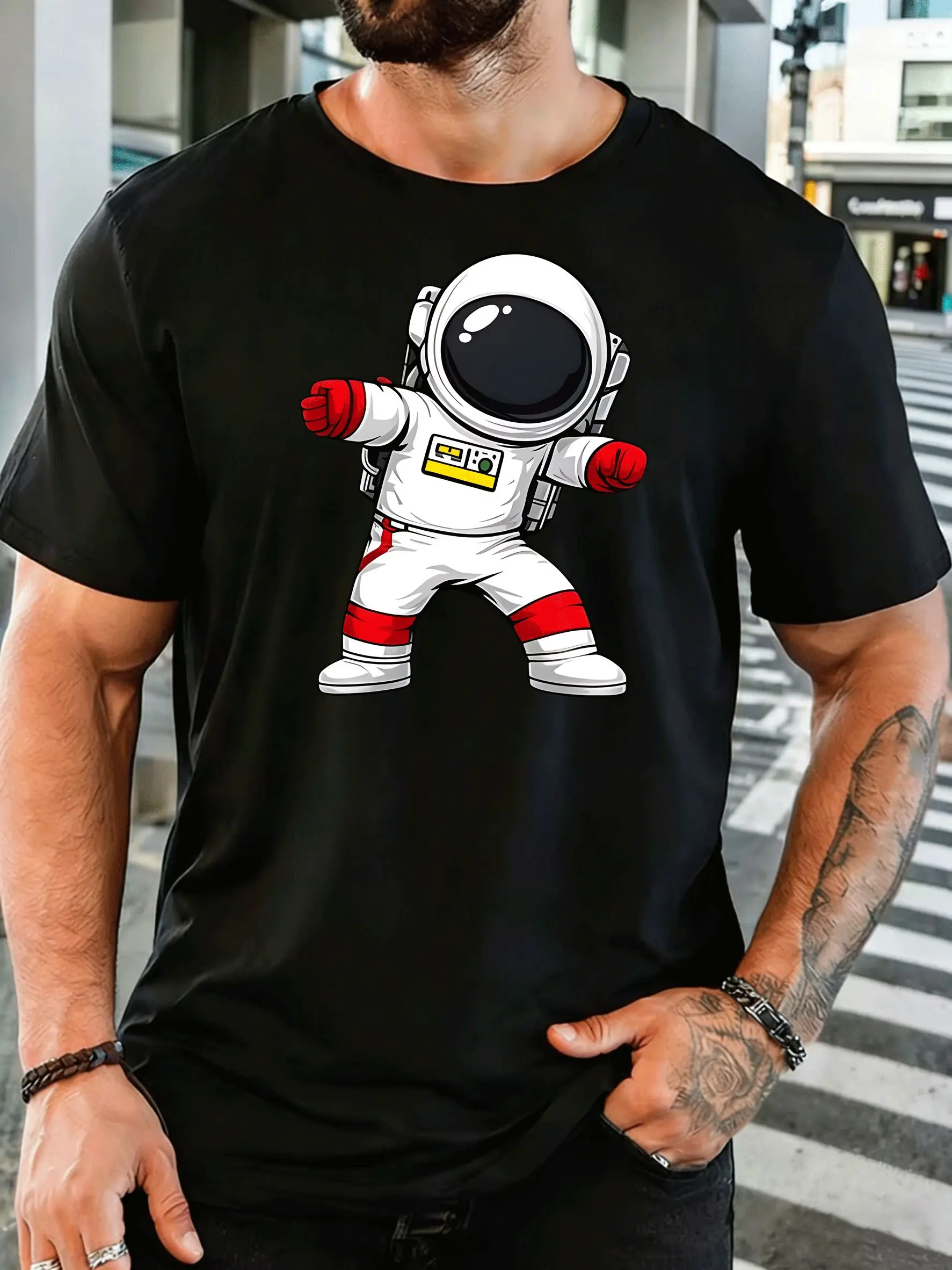 Cute Cartoon Astronaut Standing Pose Mens Front Print T Shirt Space Explorer Graphic Tee Casual Short Sleeve Top Space Fan Gift